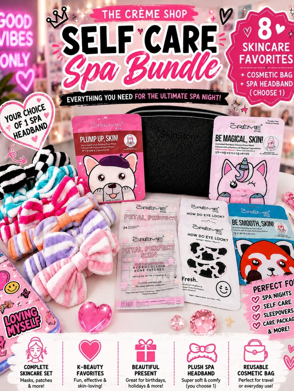 The Creme Shop K-Beauty Self Care Spa Gift Set Masks Acne Patches Headband Bag